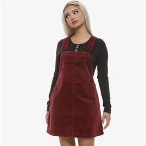 Hot Topic Burgundy Red Get Lost Corduroy Skirtall Overall Dress Size Large
